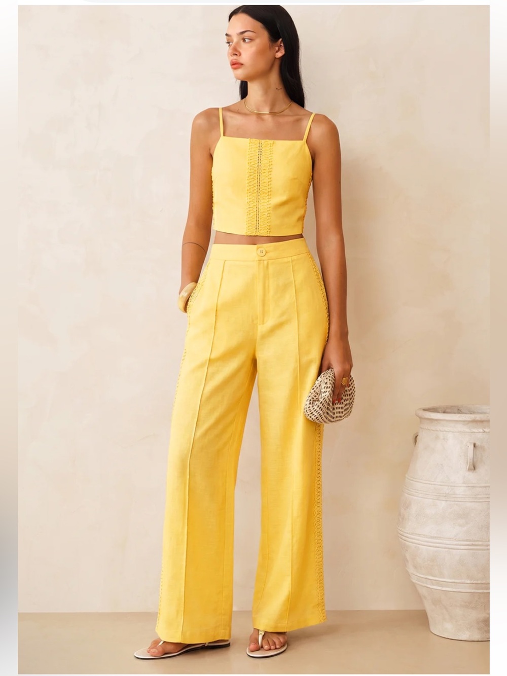Commense High-Waisted Wide-Leg Linen Pants in Sunshine Yellow XS